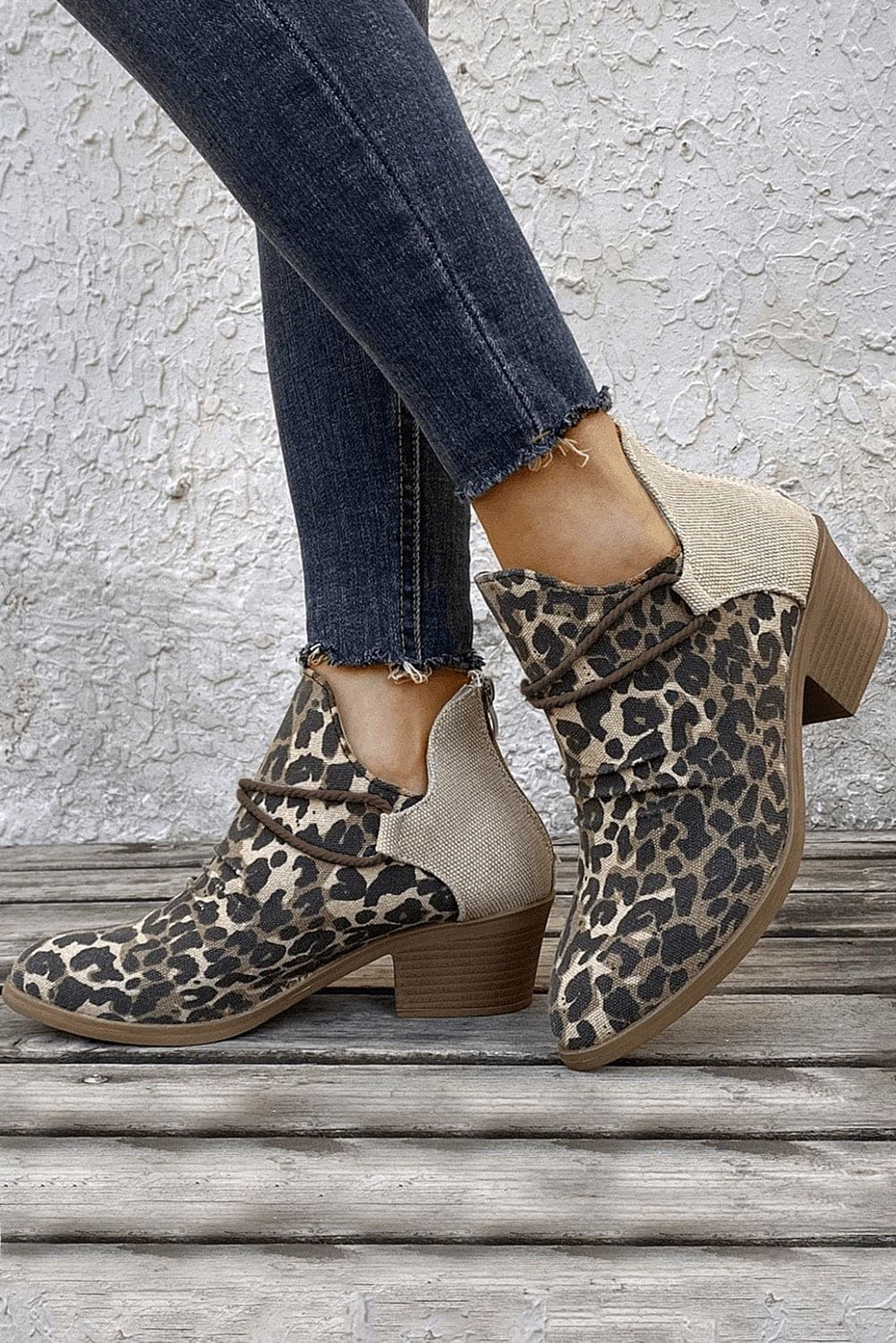 Leopard Retro Canvas Patchwork Chunky Heel Booties Leopard 100%PVC Shoes &amp; Bags by Fleurcouture | Fleurcouture