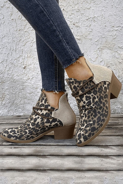 Leopard Retro Canvas Patchwork Chunky Heel Booties Leopard 100%PVC Shoes &amp; Bags by Fleurcouture | Fleurcouture