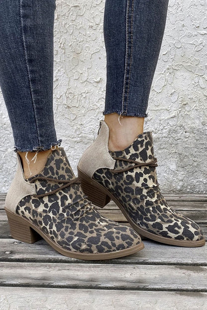 Leopard Retro Canvas Patchwork Chunky Heel Booties Leopard 100%PVC Shoes &amp; Bags by Fleurcouture | Fleurcouture