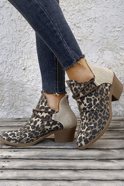 Leopard Retro Canvas Patchwork Chunky Heel Booties Leopard 100%PVC Shoes &amp; Bags by Fleurcouture | Fleurcouture