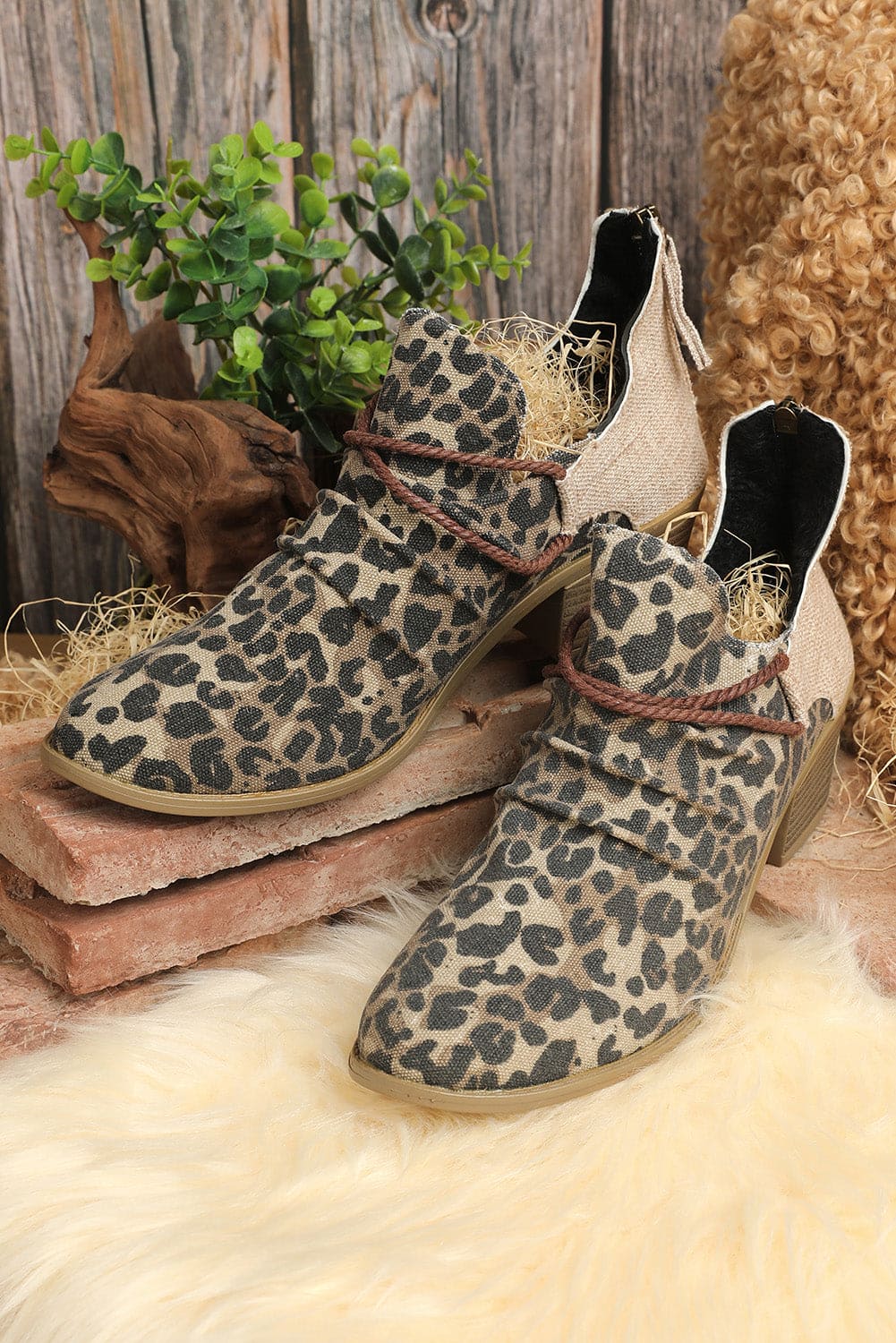 Leopard Retro Canvas Patchwork Chunky Heel Booties Leopard 100%PVC Shoes &amp; Bags by Fleurcouture | Fleurcouture