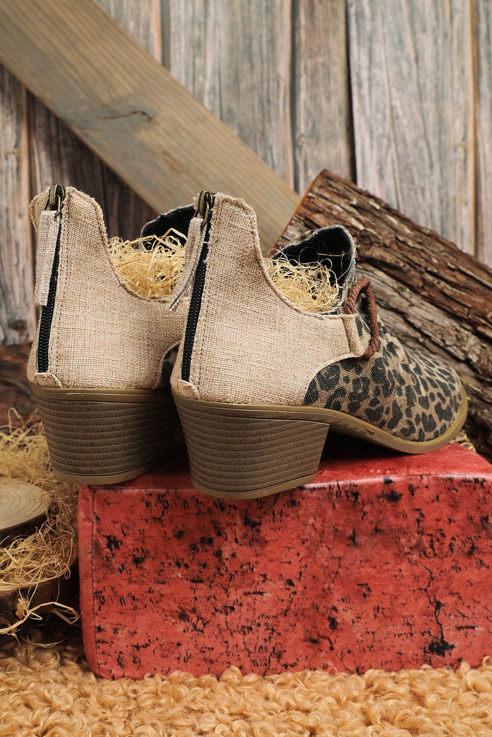 Leopard Retro Canvas Patchwork Chunky Heel Booties Leopard 100%PVC Shoes &amp; Bags by Fleurcouture | Fleurcouture