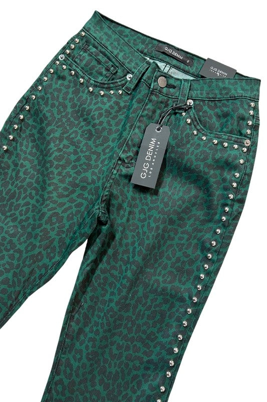 Leopard Studded Bell Bottom Jean Green 3 by GJG Denim | Fleurcouture