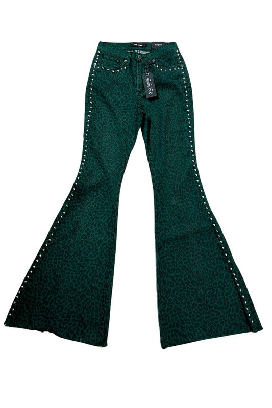 Leopard Studded Bell Bottom Jean Green by GJG Denim | Fleurcouture