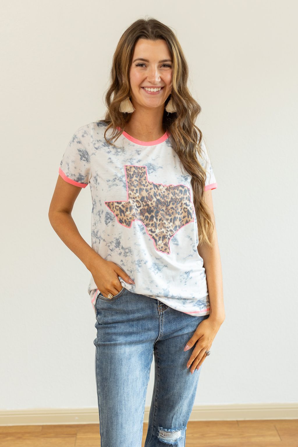 Leopard Texas on Marble & Pink Ringer Tee White Ladies Tops by Southern Grace | Fleurcouture