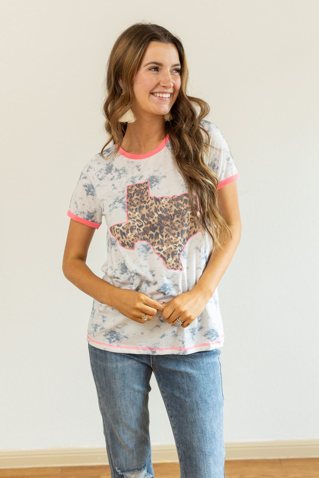 Leopard Texas on Marble & Pink Ringer Tee White Ladies Tops by Southern Grace | Fleurcouture