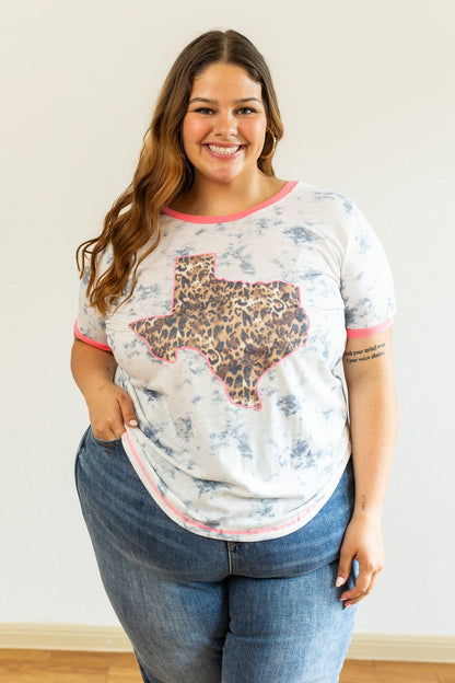 Leopard Texas on Marble &amp; Pink Ringer Tee White S Ladies Tops by Southern Grace | Fleurcouture