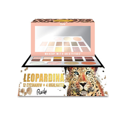 Leopardina 12 Eyeshadow + 4 Highlighter Palette Display Set, 12pcs Wholesale Set by Rude Cosmetics | Fleurcouture