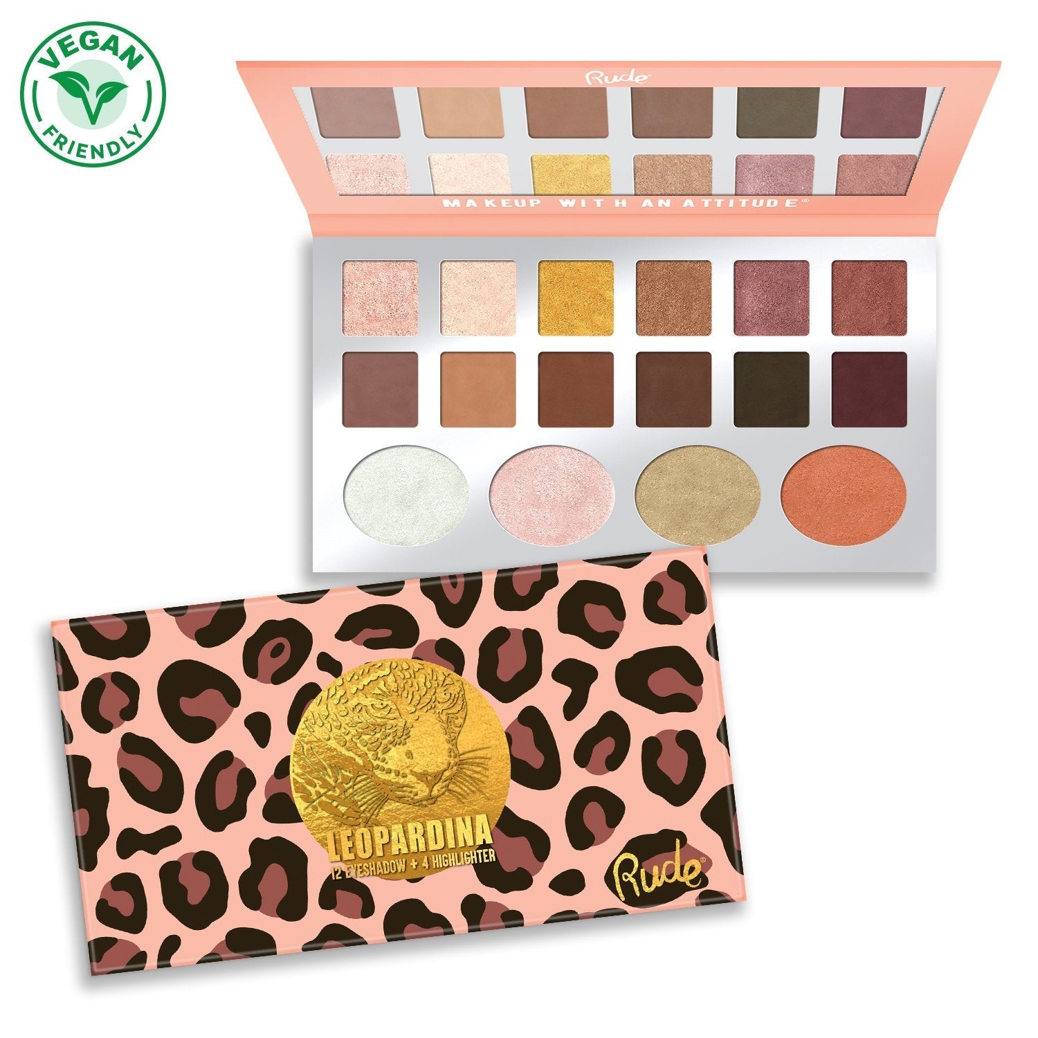 Leopardina 12 Eyeshadow + 4 Highlighter Palette Display Set, 12pcs Wholesale Set by Rude Cosmetics | Fleurcouture