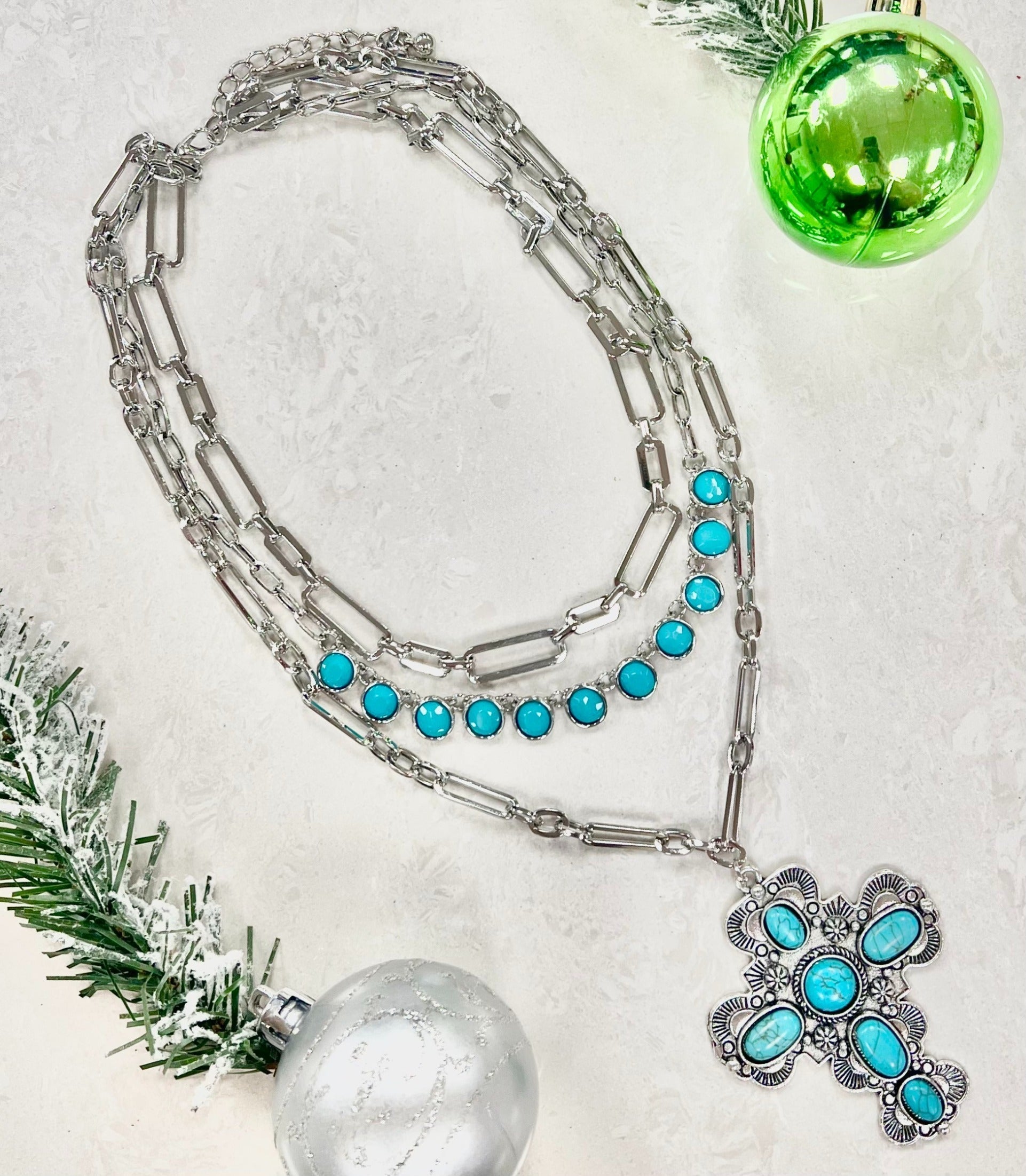 Lets Get Holy Layered Necklace with Cross Pendant Silver Turquoise One Size Necklace by Grace &amp; Emma | Fleurcouture