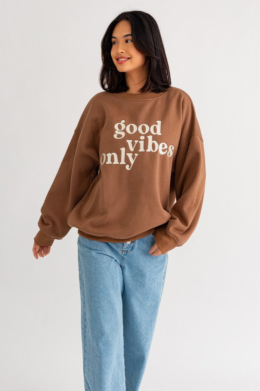 Letter Embroidery Oversized Sweatshirt BROWN XS by LE LIS | Fleurcouture