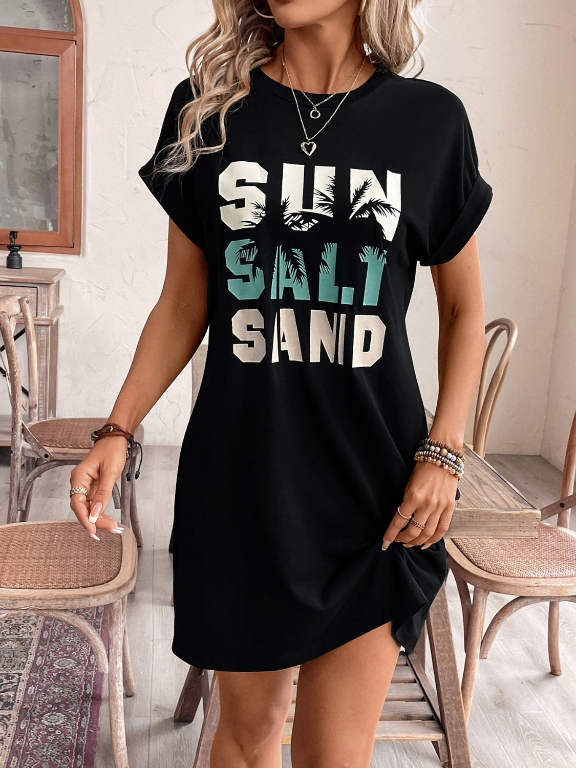 Letter Graphic Round Neck Short Sleeve Mini Tee Dress Black S Women&