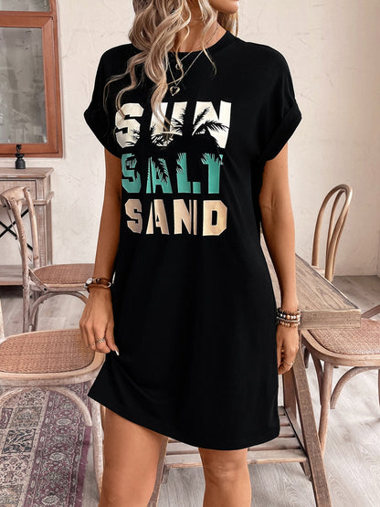 Letter Graphic Round Neck Short Sleeve Mini Tee Dress Black Women&