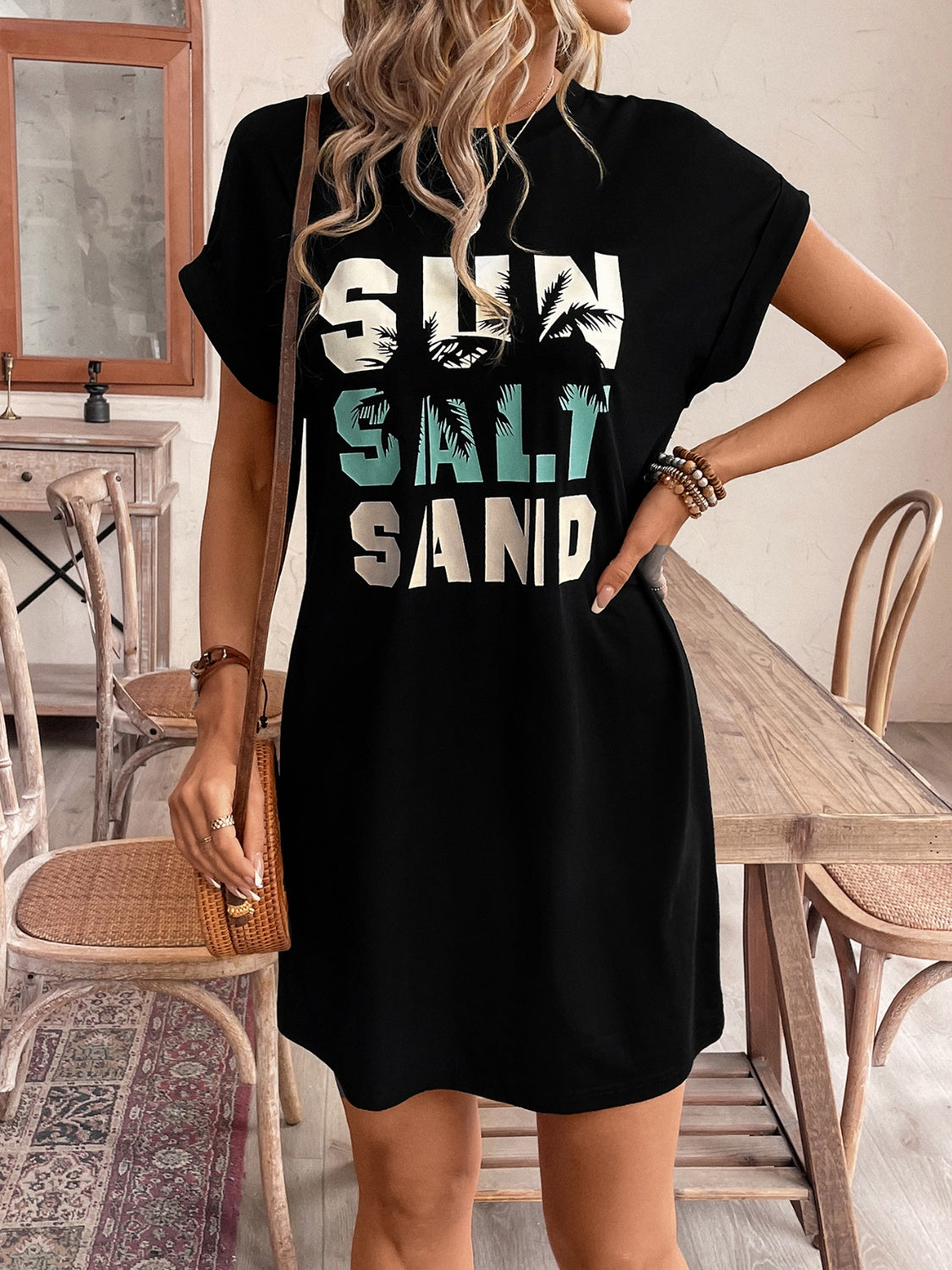 Letter Graphic Round Neck Short Sleeve Mini Tee Dress Black Women&