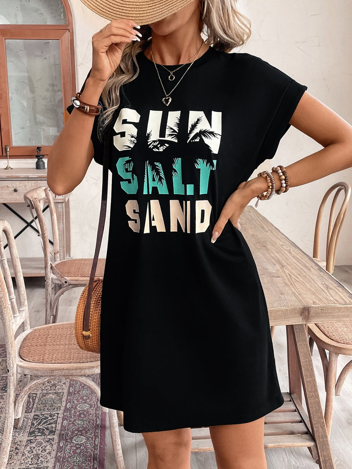 Letter Graphic Round Neck Short Sleeve Mini Tee Dress Black Women&