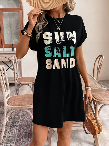 Letter Graphic Round Neck Short Sleeve Mini Tee Dress Black Women&