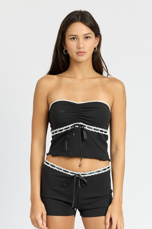 LETTUCE TUBE TOP WITH LACE TRIM BLACK S by Emory Park | Fleurcouture