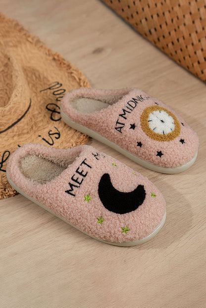 Light Pink Moon &amp; Clock Pattern Fuzzy Home Slippers Light Pink 100%Polyester+100%TPR Shoes &amp; Bags by Fleurcouture | Fleurcouture