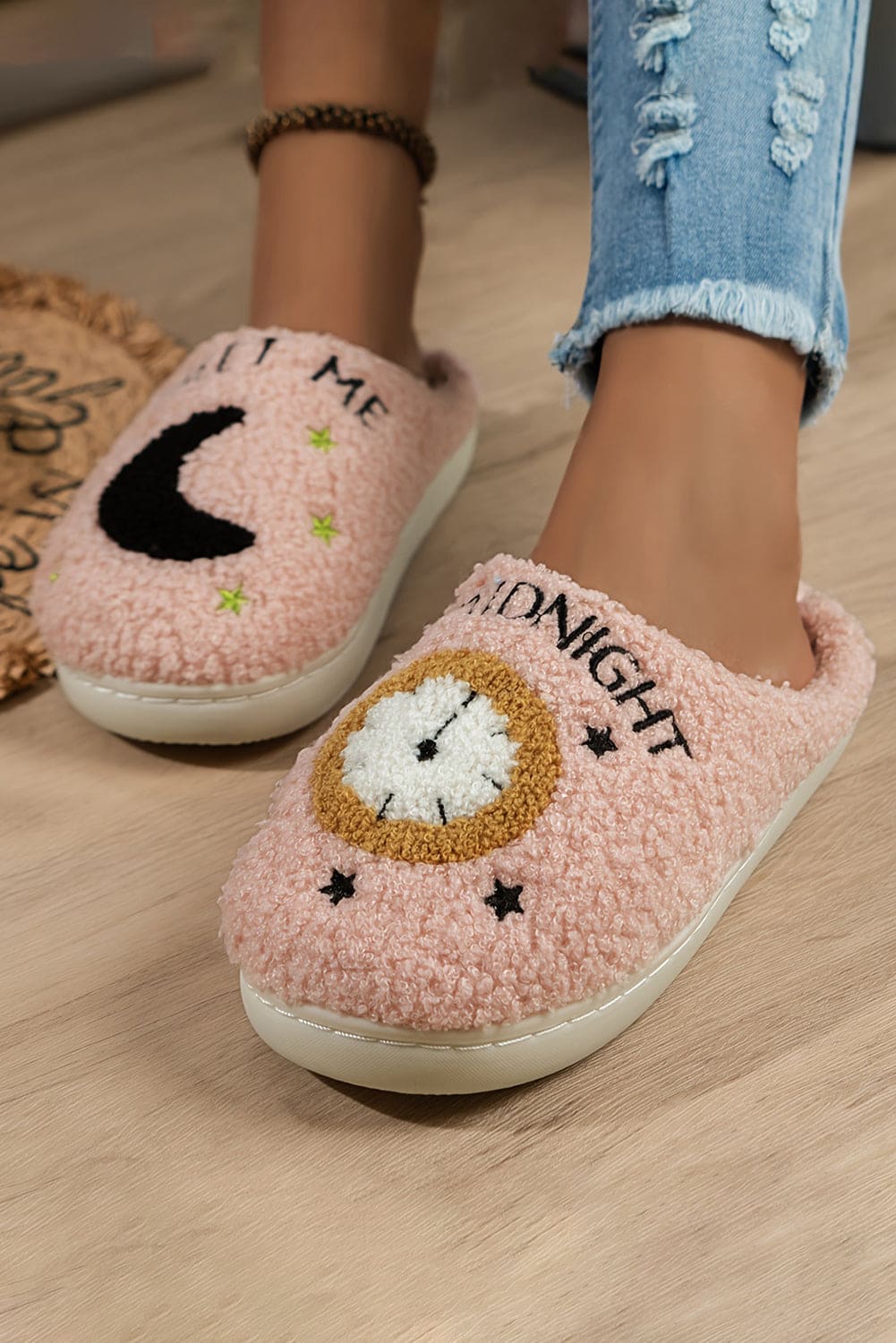 Light Pink Moon &amp; Clock Pattern Fuzzy Home Slippers Light Pink 37 100%Polyester+100%TPR Shoes &amp; Bags by Fleurcouture | Fleurcouture