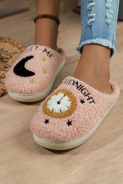 Light Pink Moon &amp; Clock Pattern Fuzzy Home Slippers Light Pink 37 100%Polyester+100%TPR Shoes &amp; Bags by Fleurcouture | Fleurcouture