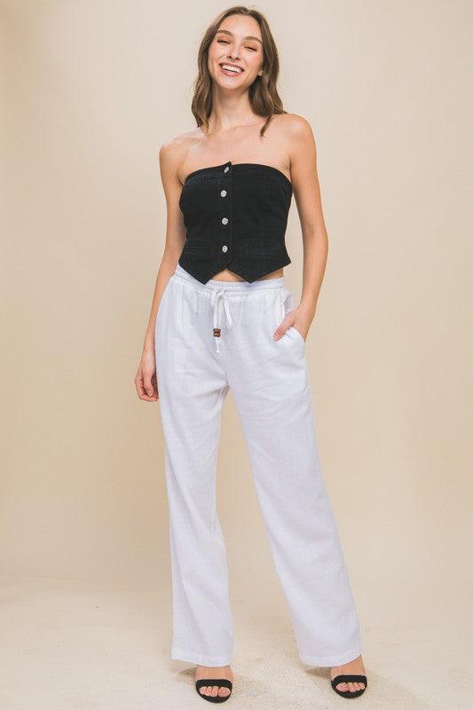 Linen Drawstring Waist Long Pants with Pockets by Love Tree | Fleurcouture