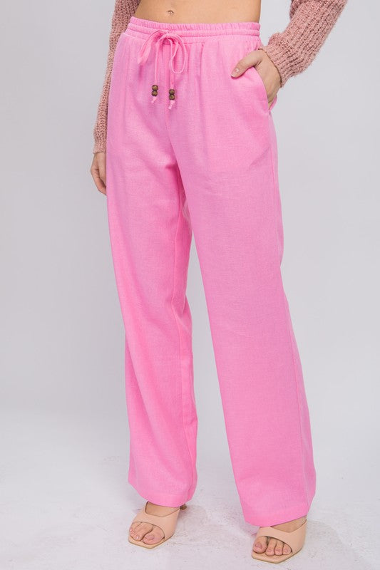 Linen Drawstring Waist Long Pants with Pockets PINK S by Love Tree | Fleurcouture