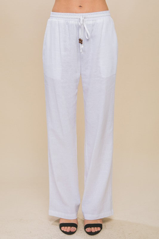 Linen Drawstring Waist Long Pants with Pockets WHITE S by Love Tree | Fleurcouture