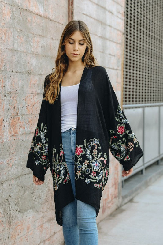 Long Floral Kimono Cardigan Black One Size by Leto Accessories | Fleurcouture