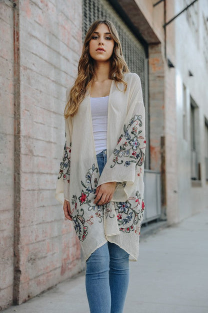 Long Floral Kimono Cardigan Cream One Size by Leto Accessories | Fleurcouture