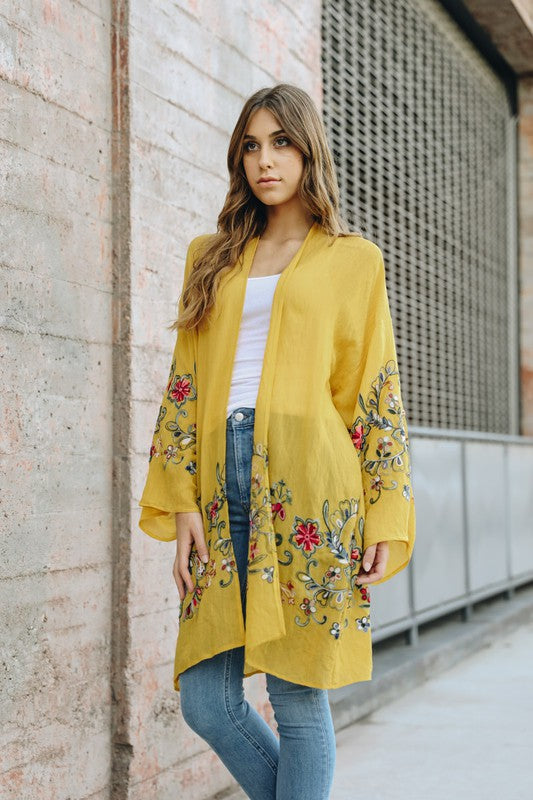 Long Floral Kimono Cardigan Mustard One Size by Leto Accessories | Fleurcouture