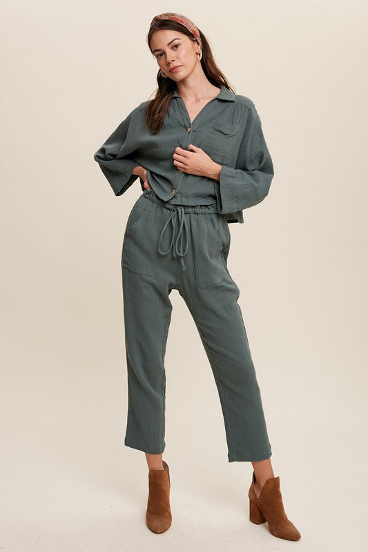 Long Sleeve Button Down and Long Pants Sets Hunter Green S by Listicle | Fleurcouture