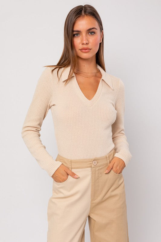 Long Sleeve Collared Bodysuit CREAM XS by LE LIS | Fleurcouture