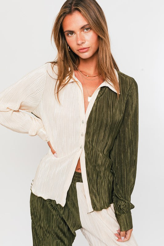 Long Sleeve Collared Top OLIVE-CREAM by LE LIS | Fleurcouture