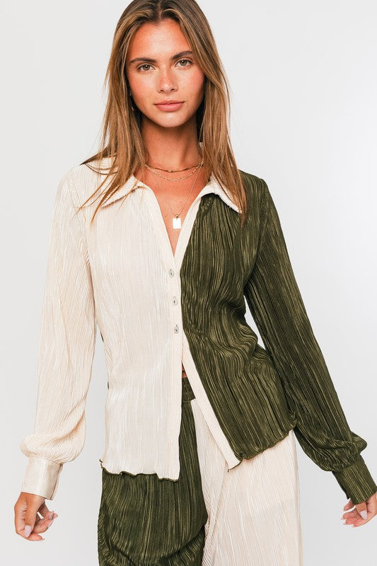 Long Sleeve Collared Top OLIVE-CREAM XS by LE LIS | Fleurcouture