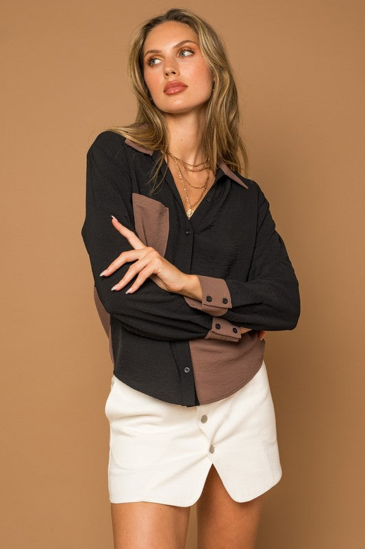 Long Sleeve Contrast Button Down Top BLACK-BROWN by Gilli | Fleurcouture