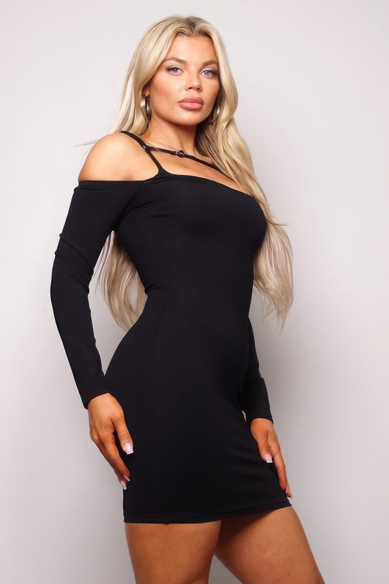Long Sleeve Cuff Front Strap Mini Dress by Fleurcouture | Fleurcouture