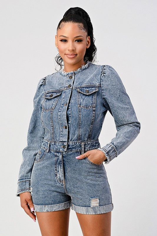 LONG SLEEVE DENIM ROMPER DENIM by Athina | Fleurcouture