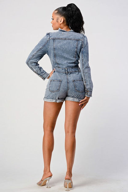 LONG SLEEVE DENIM ROMPER DENIM by Athina | Fleurcouture