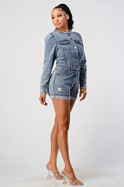 LONG SLEEVE DENIM ROMPER DENIM by Athina | Fleurcouture