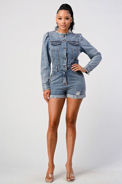 LONG SLEEVE DENIM ROMPER DENIM by Athina | Fleurcouture