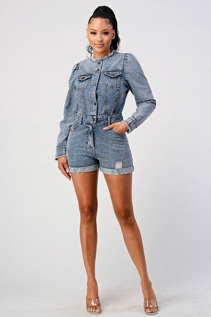 LONG SLEEVE DENIM ROMPER DENIM by Athina | Fleurcouture