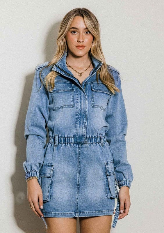 Long Sleeve Denim Romper Skirt Medium Stone S Romper by Vibrant M.i.U | Fleurcouture