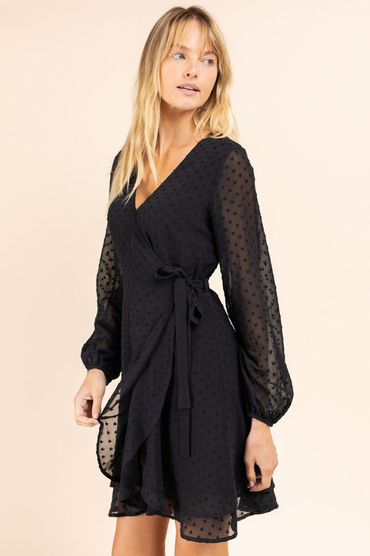 Long Sleeve Double Layer Wrap Dress Black by Gilli | Fleurcouture