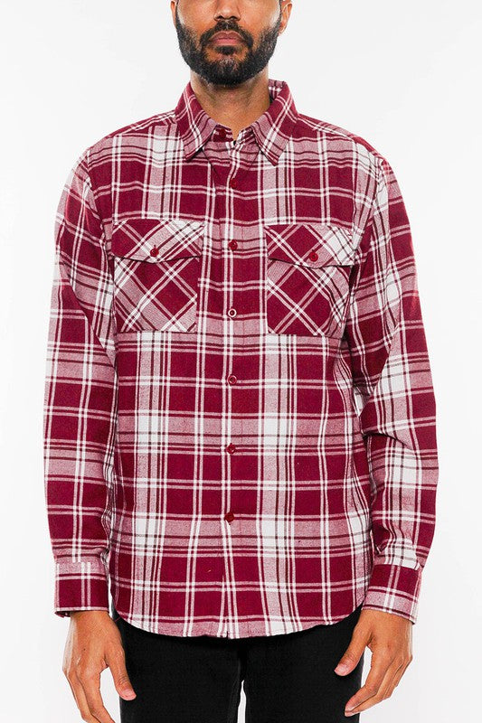 LONG SLEEVE FLANNEL FULL PLAID CHECKERED SHIRT BURGUNDY WHITE S by WEIV | Fleurcouture