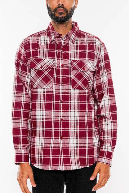 LONG SLEEVE FLANNEL FULL PLAID CHECKERED SHIRT BURGUNDY WHITE S by WEIV | Fleurcouture