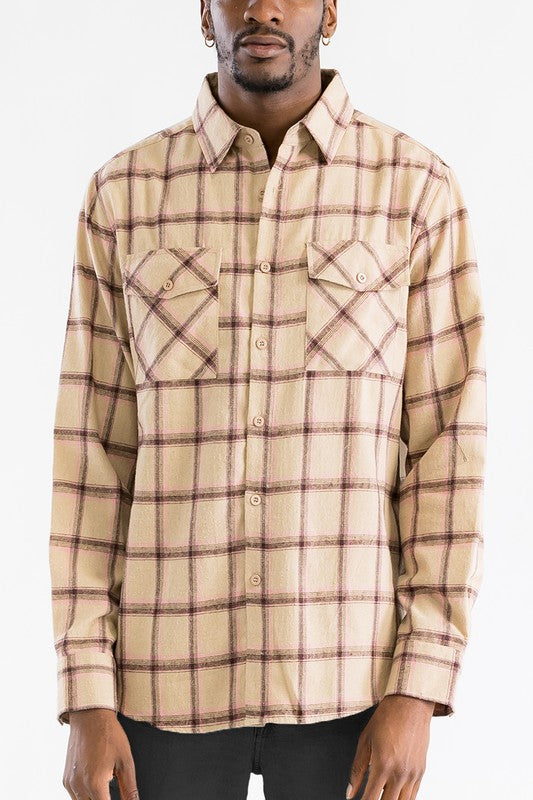 LONG SLEEVE FLANNEL FULL PLAID CHECKERED SHIRT KHAKI PINK S by WEIV | Fleurcouture