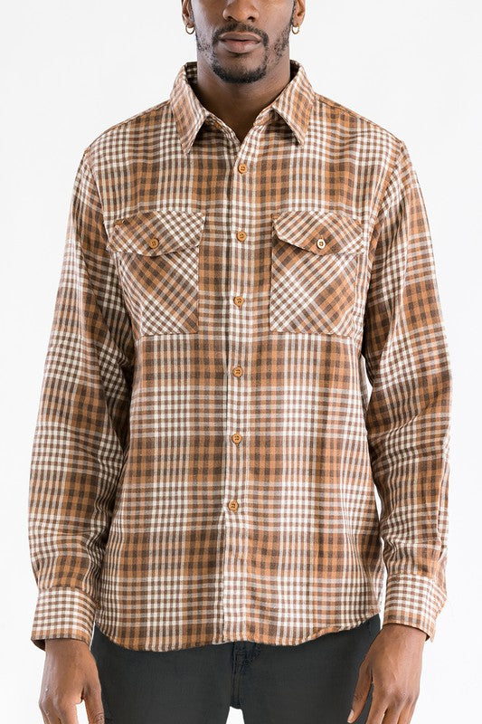 LONG SLEEVE FLANNEL FULL PLAID CHECKERED SHIRT MOCHA BROWN S by WEIV | Fleurcouture