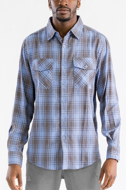 LONG SLEEVE FLANNEL FULL PLAID CHECKERED SHIRT SKY GREY S by WEIV | Fleurcouture