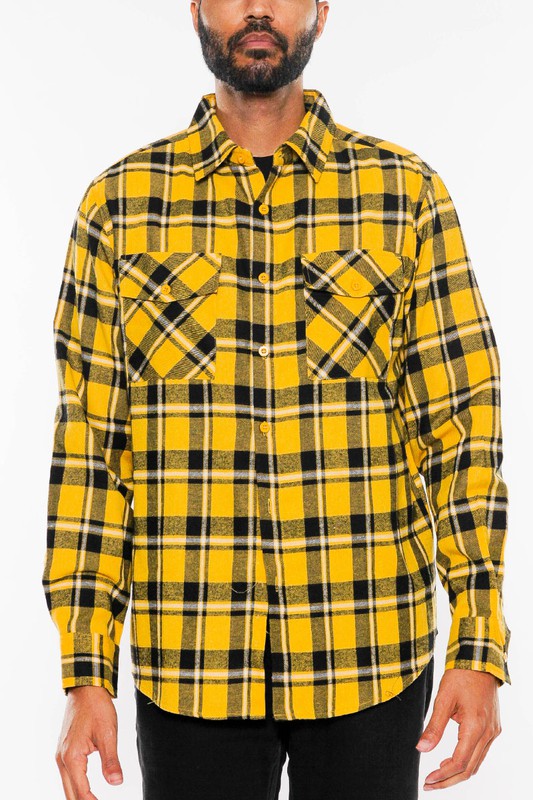 LONG SLEEVE FLANNEL FULL PLAID CHECKERED SHIRT YELLOW BLACK S by WEIV | Fleurcouture