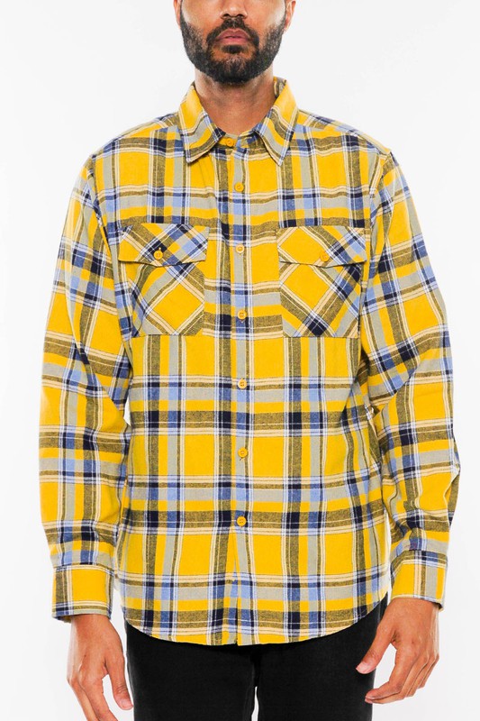 LONG SLEEVE FLANNEL FULL PLAID CHECKERED SHIRT YELLOW SKY S by WEIV | Fleurcouture